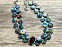 Load image into Gallery viewer, Peacock Shell Disc Chunky Statement Necklace, Two Strand Beaded Jewelry, Orange Blue Green jewelry, bridesmaid wedding bib feather