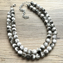 Load image into Gallery viewer, Gray Ombré Chunky Statement Necklace, Tie Dye multi Strand Beaded Jewelry, 2 strand chunky bib silver white black bead painted beads