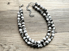 Load image into Gallery viewer, Gray Ombré Chunky Statement Necklace, Tie Dye multi Strand Beaded Jewelry, 2 strand chunky bib silver white black bead painted beads