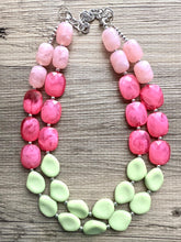 Load image into Gallery viewer, Watermelon Garden Pink & Green Chunky Statement Necklace, Big beaded jewelry, double Strand bib collar lipstick lime mint