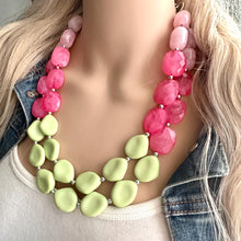 Load image into Gallery viewer, Watermelon Garden Pink & Green Chunky Statement Necklace, Big beaded jewelry, double Strand bib collar lipstick lime mint