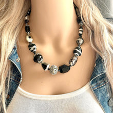 Load image into Gallery viewer, Vintage Black & White Silver Chunky Statement Necklace single Strand Beaded jewelry, bib wedding Glass bubble necklace resin