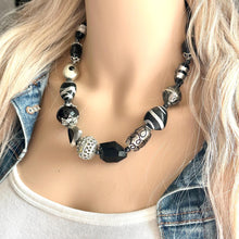 Load image into Gallery viewer, Vintage Black & White Silver Chunky Statement Necklace single Strand Beaded jewelry, bib wedding Glass bubble necklace resin
