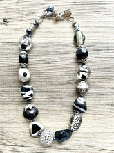 Load image into Gallery viewer, Vintage Black & White Silver Chunky Statement Necklace single Strand Beaded jewelry, bib wedding Glass bubble necklace resin