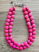 Load image into Gallery viewer, Flutter Bead pink Necklace, 2 Strand Statement Jewelry, magenta pink Chunky bib bridesmaid, hot pink jewelry, dark pink necklace earring set