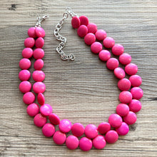 Load image into Gallery viewer, Flutter Bead pink Necklace, 2 Strand Statement Jewelry, magenta pink Chunky bib bridesmaid, hot pink jewelry, dark pink necklace earring set
