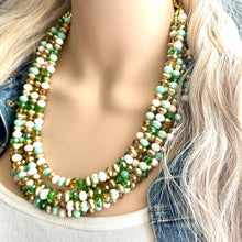 Load image into Gallery viewer, St. Patrick’s Day Gold & Green Statement Necklace, 5 strand forest, dark green Jewelry, glass beaded jewelry, multi strand green necklace