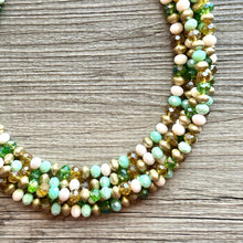 Load image into Gallery viewer, St. Patrick’s Day Gold & Green Statement Necklace, 5 strand forest, dark green Jewelry, glass beaded jewelry, multi strand green necklace