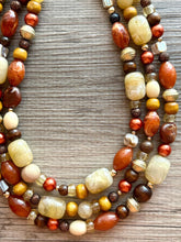Load image into Gallery viewer, Bourbon & Espresso Chunky Necklace, dark brown bead necklace, 3 strand bib resin statement layering jewelry chocolate copper orange gold