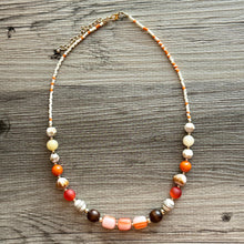 Load image into Gallery viewer, Crisp Autumn Statement Long Necklace, fall colors Cream Gold Necklace, 1 Strand Statement necklace, vintage wood chunky orange red