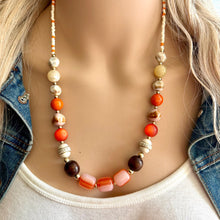 Load image into Gallery viewer, Crisp Autumn Statement Long Necklace, fall colors Cream Gold Necklace, 1 Strand Statement necklace, vintage wood chunky orange red