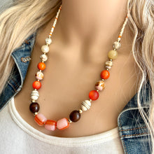 Load image into Gallery viewer, Crisp Autumn Statement Long Necklace, fall colors Cream Gold Necklace, 1 Strand Statement necklace, vintage wood chunky orange red