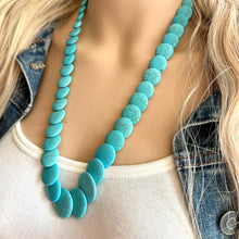 Load image into Gallery viewer, Shades of Blue Long Statement Necklace, long tassel silver necklace, beaded long necklace, smoke gray turquoise royal aqua
