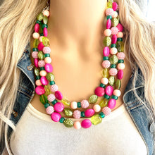 Load image into Gallery viewer, Sugared Tulips statement necklace, pink and green, Beaded necklace, bib necklace, lime mint blush pink peach, resin chunky hot pink