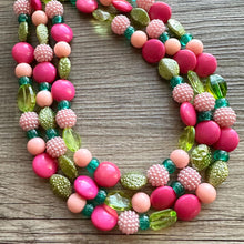 Load image into Gallery viewer, Sugared Tulips statement necklace, pink and green, Beaded necklace, bib necklace, lime mint blush pink peach, resin chunky hot pink