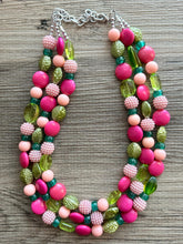 Load image into Gallery viewer, Sugared Tulips statement necklace, pink and green, Beaded necklace, bib necklace, lime mint blush pink peach, resin chunky hot pink
