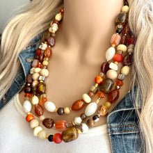 Load image into Gallery viewer, Cinnamon & Espresso Chunky Necklace, dark brown bead necklace, 3 strand bib resin statement layering jewelry chocolate copper orange gold