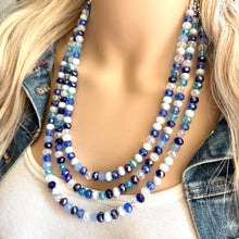 Load image into Gallery viewer, Blue & Silver Ombré Glass Chunky Statement Necklace, silver bib necklace, aqua turquoise teal navy royal blue, wedding bridesmaid chunky