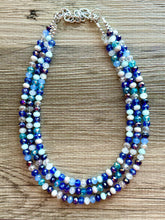 Load image into Gallery viewer, Blue & Silver Ombré Glass Chunky Statement Necklace, silver bib necklace, aqua turquoise teal navy royal blue, wedding bridesmaid chunky