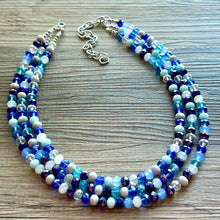 Load image into Gallery viewer, Blue & Silver Ombré Glass Chunky Statement Necklace, silver bib necklace, aqua turquoise teal navy royal blue, wedding bridesmaid chunky