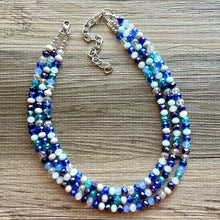 Load image into Gallery viewer, Blue & Silver Ombré Glass Chunky Statement Necklace, silver bib necklace, aqua turquoise teal navy royal blue, wedding bridesmaid chunky
