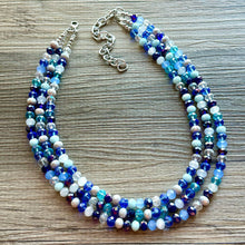 Load image into Gallery viewer, Blue & Silver Ombré Glass Chunky Statement Necklace, silver bib necklace, aqua turquoise teal navy royal blue, wedding bridesmaid chunky