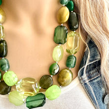 Load image into Gallery viewer, Shamrock Green Statement Necklace, Double Strand necklace Chunky Jewelry, forest green jewelry, beaded necklace olive green dark green gold