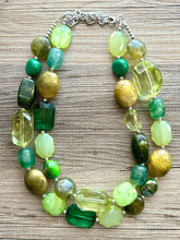 Load image into Gallery viewer, Shamrock Green Statement Necklace, Double Strand necklace Chunky Jewelry, forest green jewelry, beaded necklace olive green dark green gold