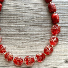 Load image into Gallery viewer, Gold & Red Jewel Statement Necklace, Chunky 1 Strand Jewelry, gold red necklace, glass bib beaded necklace thick collar bead lampwork