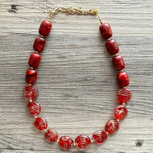 Load image into Gallery viewer, Gold & Red Jewel Statement Necklace, Chunky 1 Strand Jewelry, gold red necklace, glass bib beaded necklace thick collar bead lampwork