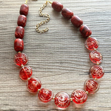 Load image into Gallery viewer, Gold & Red Jewel Statement Necklace, Chunky 1 Strand Jewelry, gold red necklace, glass bib beaded necklace thick collar bead lampwork