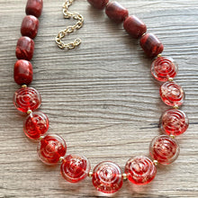 Load image into Gallery viewer, Gold & Red Jewel Statement Necklace, Chunky 1 Strand Jewelry, gold red necklace, glass bib beaded necklace thick collar bead lampwork