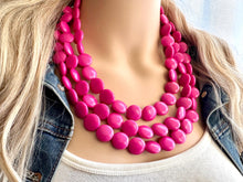 Load image into Gallery viewer, Flutter Bead pink Necklace, 3 Strand Statement Jewelry, magenta pink Chunky bib bridesmaid, hot pink jewelry, dark pink necklace earring set