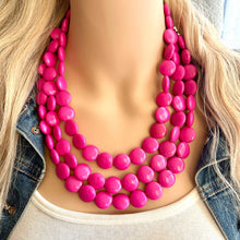 Load image into Gallery viewer, Flutter Bead pink Necklace, 3 Strand Statement Jewelry, magenta pink Chunky bib bridesmaid, hot pink jewelry, dark pink necklace earring set
