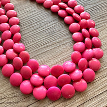 Load image into Gallery viewer, Flutter Bead pink Necklace, 3 Strand Statement Jewelry, magenta pink Chunky bib bridesmaid, hot pink jewelry, dark pink necklace earring set