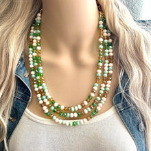 Load image into Gallery viewer, St. Patrick’s Day Gold & Green Statement Necklace, 3 strand forest, dark green Jewelry, glass beaded jewelry, multi strand green necklace