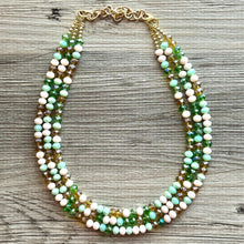 Load image into Gallery viewer, St. Patrick’s Day Gold & Green Statement Necklace, 3 strand forest, dark green Jewelry, glass beaded jewelry, multi strand green necklace