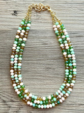 Load image into Gallery viewer, St. Patrick’s Day Gold & Green Statement Necklace, 3 strand forest, dark green Jewelry, glass beaded jewelry, multi strand green necklace