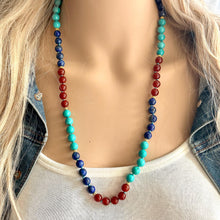 Load image into Gallery viewer, Natural Gemstone Aqua Long Beaded 1 strand Statement Necklace, Chunky Bib Single Jewelry stone jewelry, layering royal blue turquoise maroon