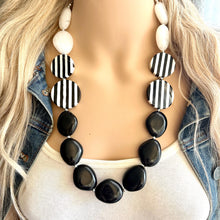 Load image into Gallery viewer, Black & White Chunky Statement Necklace single Strand Beaded jewelry, bridesmaid bib wedding, white bubble necklace resin