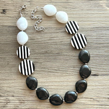 Load image into Gallery viewer, Black & White Chunky Statement Necklace single Strand Beaded jewelry, bridesmaid bib wedding, white bubble necklace resin