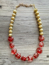 Load image into Gallery viewer, Gold & Red Jewel Statement Necklace, Chunky 1 Strand Jewelry, gold red necklace, glass bib beaded necklace thick collar bead lampwork