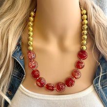 Load image into Gallery viewer, Gold & Red Jewel Statement Necklace, Chunky 1 Strand Jewelry, gold red necklace, glass bib beaded necklace thick collar bead lampwork