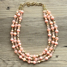 Load image into Gallery viewer, Coral & Peach 3 Strand Coral Necklace, multi strand bright pink jewelry, big beaded chunky necklace, gold statement geometric peach