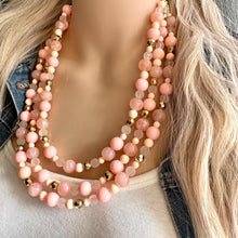 Load image into Gallery viewer, Coral & Peach 3 Strand Coral Necklace, multi strand bright pink jewelry, big beaded chunky necklace, gold statement geometric peach