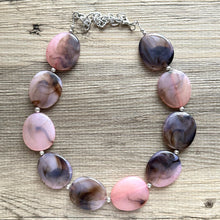 Load image into Gallery viewer, Blush Pink & Brown Swirl Chunky Statement Necklace, Big beaded jewelry, single Strand Statement, Bib bridesmaid wedding chocolate