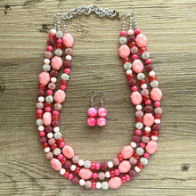 Load image into Gallery viewer, Bubblegum Pink Statement Necklace, swirled white magenta Chunky Jewelry Big Beaded 3 Strand Necklace Bib Preppy Jewelry pearl glass