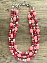 Load image into Gallery viewer, Bubblegum Pink Statement Necklace, swirled white magenta Chunky Jewelry Big Beaded 3 Strand Necklace Bib Preppy Jewelry pearl glass