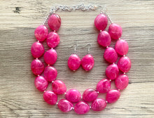 Load image into Gallery viewer, Magenta Big Beaded Statement Necklace, beaded jewelry, pink beaded necklace, dark pink necklace chunky beaded bib earrings