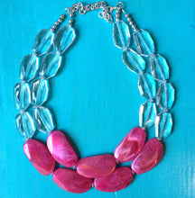 Load image into Gallery viewer, Pink & Clear Statement Necklace, big Beaded Chunky Jewelry, Double Strand wedding everyday large bead multi strand necklace, pink jewelry